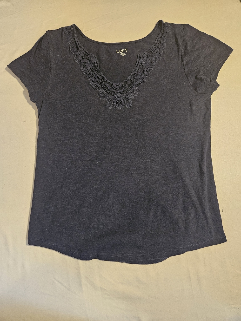 LOFT Navy Scoop Neck Short Sleeve Tee with Lace Yoke